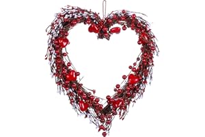 VioletEverGarden Valentine’s Day Wreath,15” Heart Shaped Wreath with Red White Berries for Valentine’s Day Wedding Festival Decor