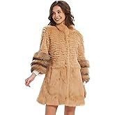 Fur Story Women's Genuine Rabbit Fur Coat With Fox Fur Cuffs Warm Winter Coat Black Long Jacket