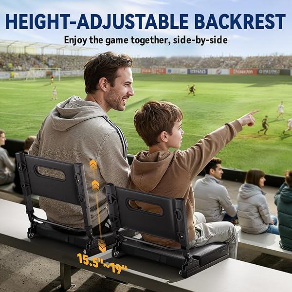 STADIUM SEATS WITH BACK SUPPORT FOR BLEACHER, PORTABLE 5-ANGLE AND ADJUSTABLE HEIGHT THICK CUSHION SEAT WITH CUP HOLDER STORAGE BAG, INCLUDES SHOULDER STRAP, USED FOR SPORTS EVENTS AND CONCERTS