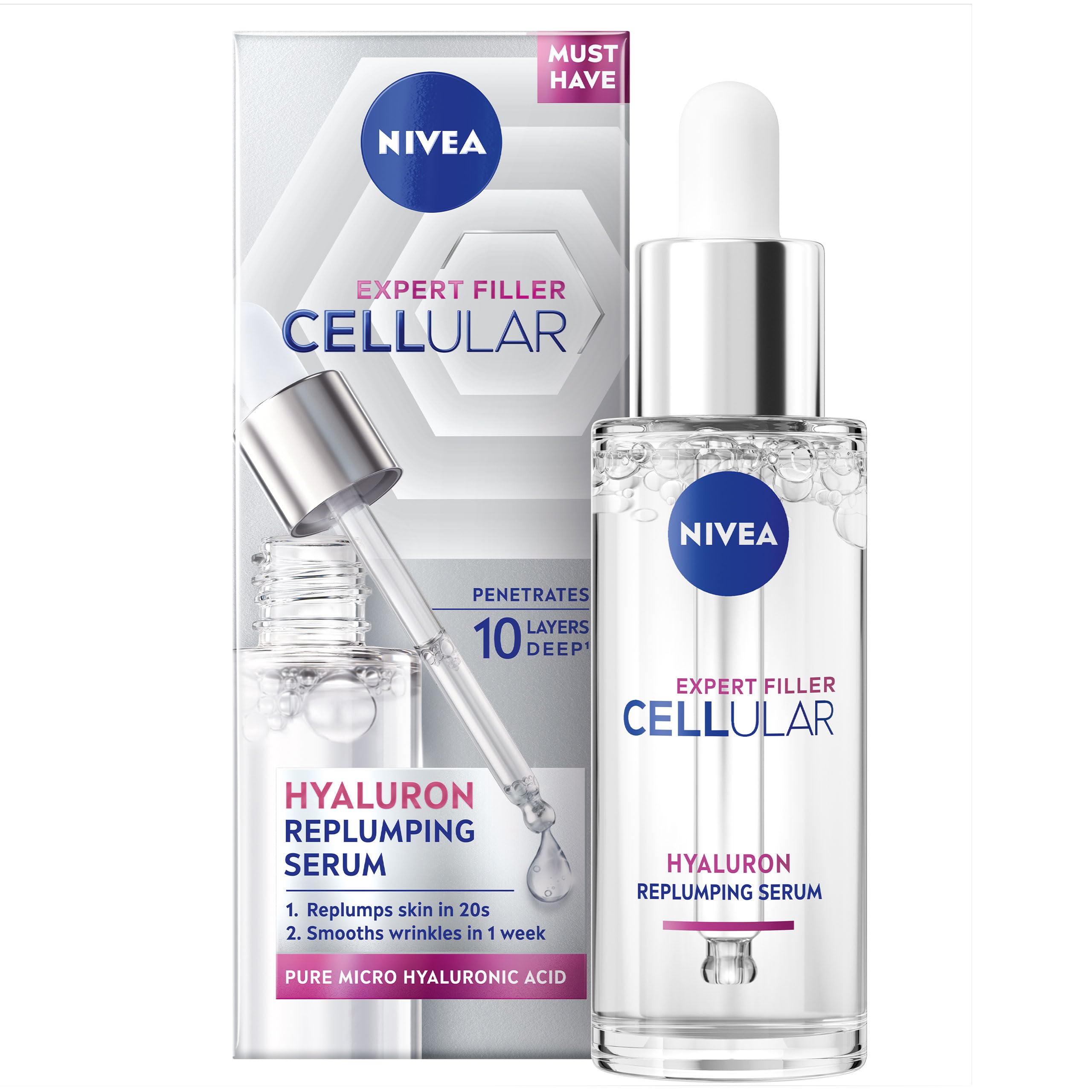 NIVEA Cellular Expert Filler Hyaluron Acid Replumping Serum (30ml), Anti-Ageing Face Serum For Visibly Smoother, Hydrated, and Supple Skin, Dermatologically Approved Hyaluronic Acid Serum