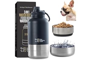 Tail Wagging Love 32oz 3-in-1 Portable Travel Water Bottle, Food & Hydration Bottle - Dual Use for Humans & Pets with Detachable Bowls, Stainless Steel, Keeps Water Hot for 6hrs & Cold for 12hrs