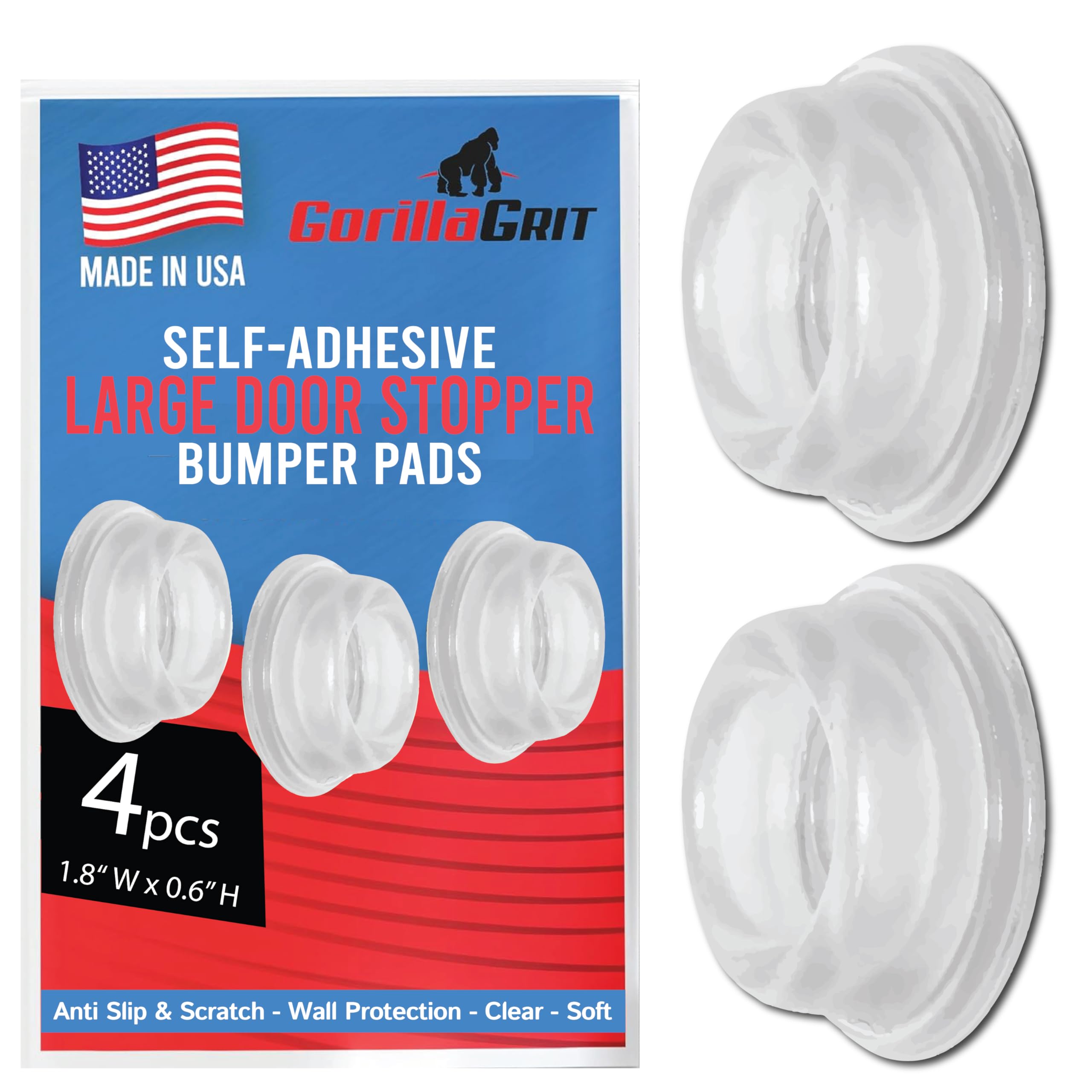 Rubber Door Stopper Bumpers (Pack of 4) Clear - Made in USA - Self-Adhesive Wall Protectors. Prevent Damage to Walls from Door Knobs Handles, Guard and Shield