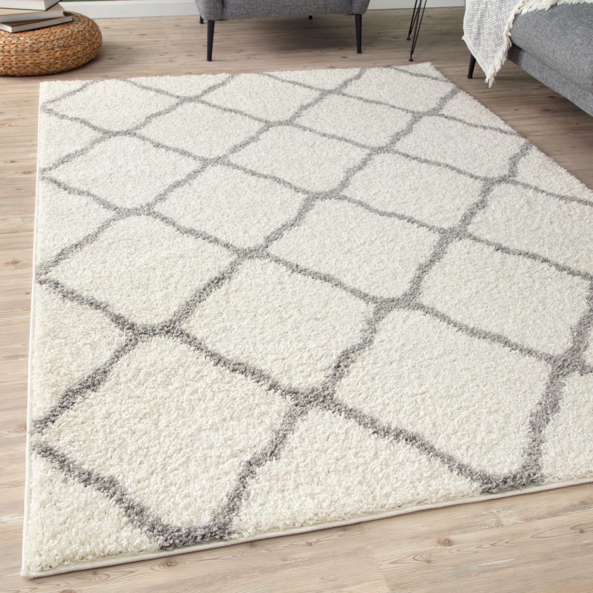 THE RUGS Shaggy Rug – Modern Moroccan Design Rugs for Living Room, Bedroom, Hallway, 3 cm Thick Area Rugs, (Moroccan Ivory/Grey, 60x110cm) — image 1