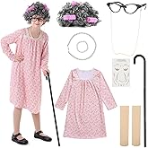 VICAMB Girls 100th Day of School Costume – Kids Old Lady Granny Dress Outfit with Wig, Glasses, Cane & Accessories,13-Piece