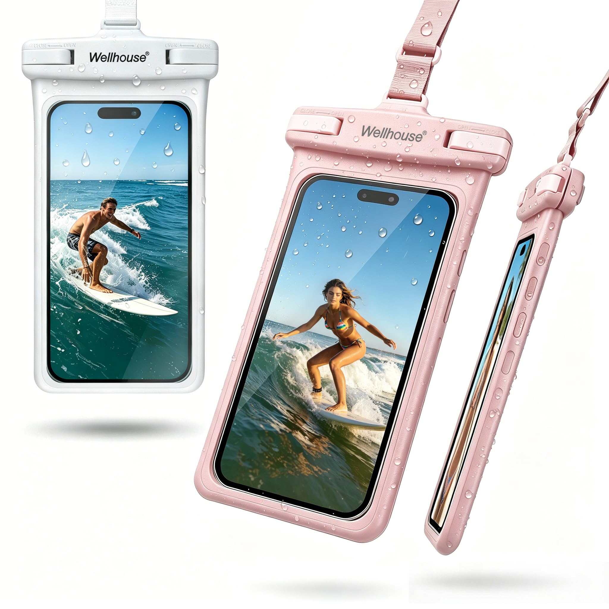 wellhouse Waterproof Phone Pouch, Waterproof Phone Case for iPhone17 16 15 14 13 Pro Max XS Samsung, IPX8 3D Cellphone Dry Bag Beach Essentials (2 Pack -Pink & White7.0, 7 inch)