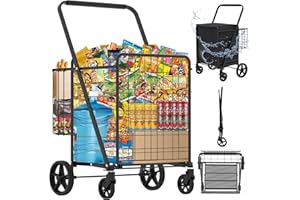 JIALIJIU 37.5 Gallons Heavy Duty Shopping Cart, Folding Grocery Cart with 360° Swivel Wheels & Waterproof Bag, Super Jumbo Heavy Duty Utility Cart for Shopping, Laundry, Hold Up to 440 LBS