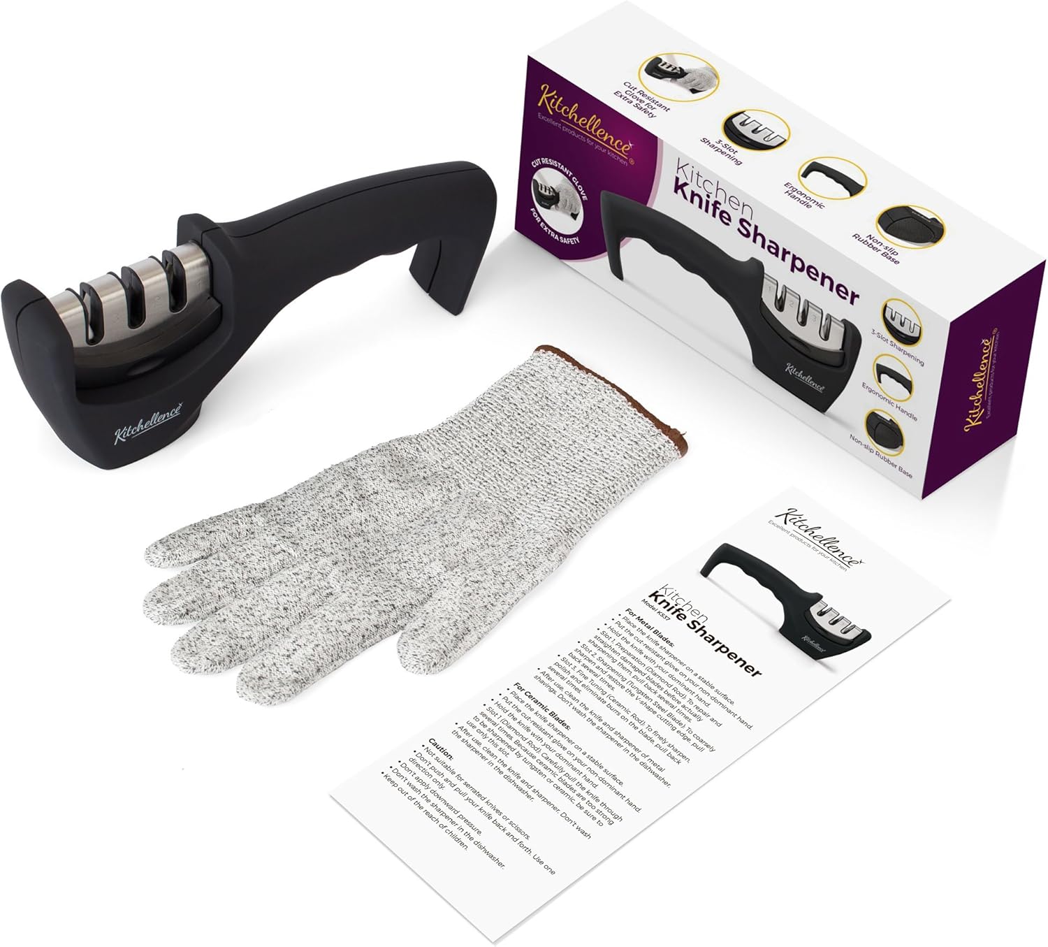 2-in-1 Kitchen Knife Accessories: 3-Stage Knife Sharpener Helps Repair, Restore and Polish Blades and Cut-Resistant Glove: Kitchen & Dining