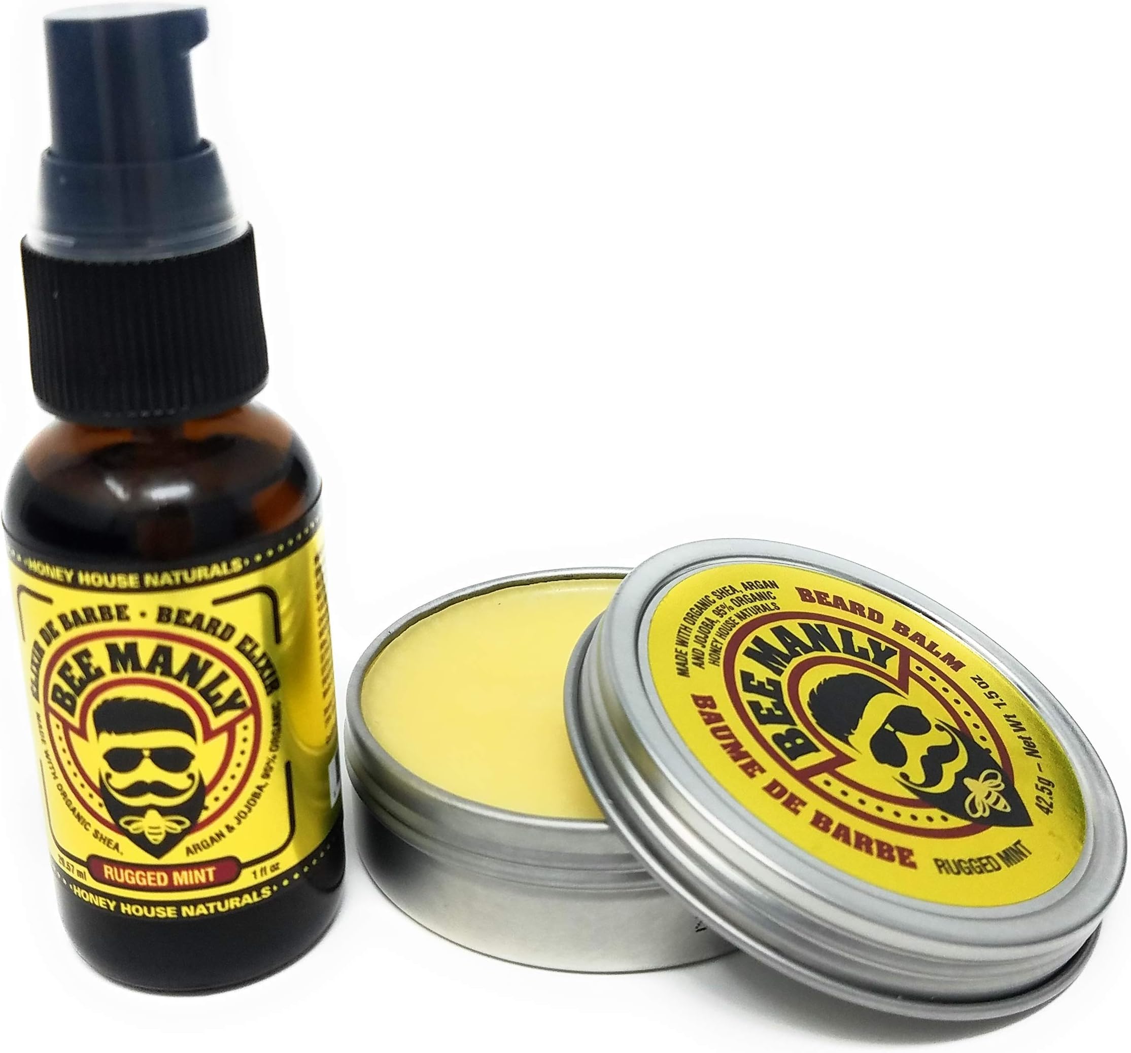 Honey House Naturals Bee Manly Duo – 1 ounce Beard Elixir & 1.5 ounce Beard Balm – Mint