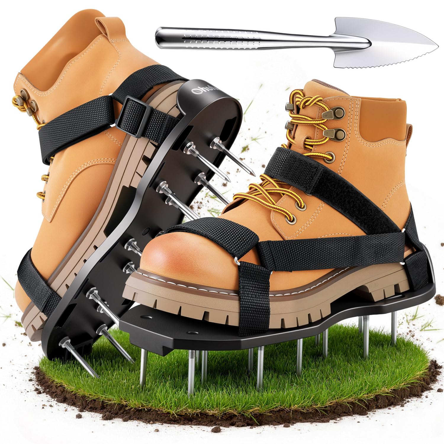 Ohuhu Lawn Aerator Shoes with Stainless Steel Shovel, Free-Installation Aerating Shoes with Hook & Loop Straps, Heavy Duty Spiked Aerating Sandals, One-Size-Fits-All for Yard Patio Garden Grass Lawn