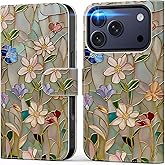 DEENAKIN for iPhone 17 Pro Wallet Case with Card Holder + Cash Clip, RFID-Blocking, Military-Grade Drop Protection & UV-Printed Artwork, Magnetic Closure with Leather Kickstand - Artistic Florals