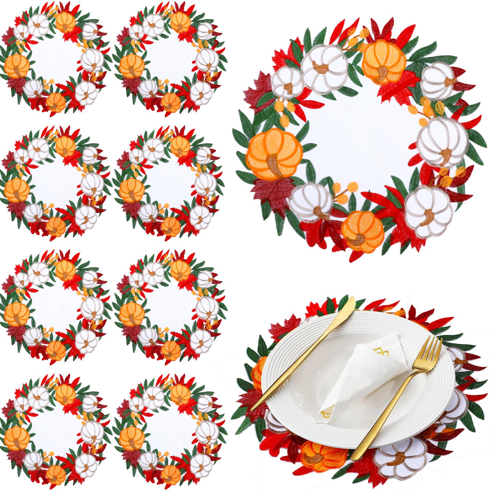 View 1 of ***(HEAVILY USED/ MINOR DAMAGE)***Tigeen Thanksgiving Placemats Set of 8, 15 Inch Round Fall Pumpkin Place Mats Cutwork Embroidered Maple Leaves Autumn Table Mats for Fall Autumn Harvest Holiday Kitchen Dining Home Table Decor