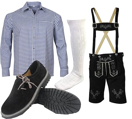 ALL THE GOOD S 7 Trachtenset (Hose +Hemd +Schuhe +Socken) Bayerische Lederhose Trachtenhose Oktoberfest Leder Hose Trachten