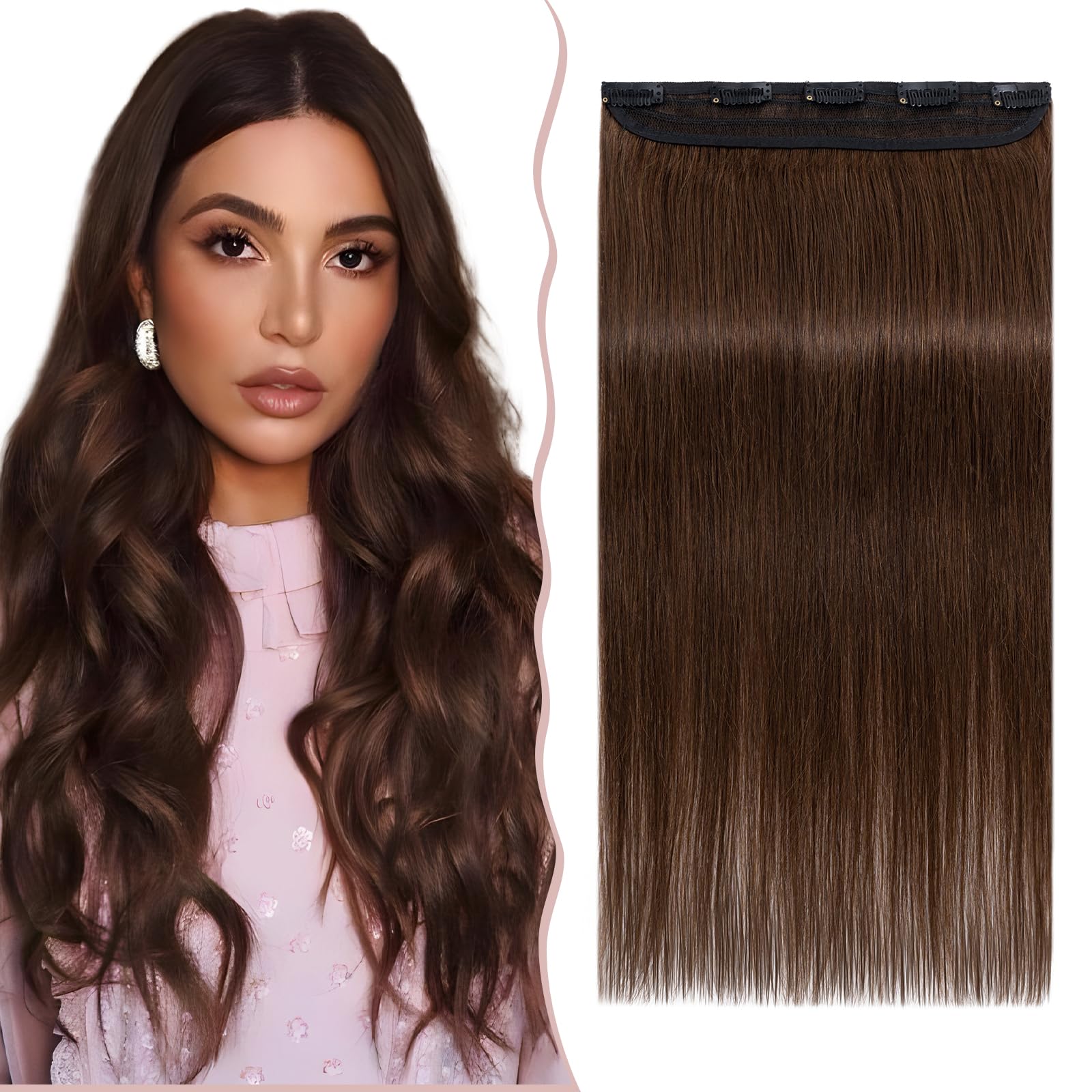 22 inches SEGO One Piece Hair Extensions Clip in Human Hair [#4 Medium Brown] Real Remy Hairpieces for Women 3/4 Full Head Straight Invisible (55g) — image 1