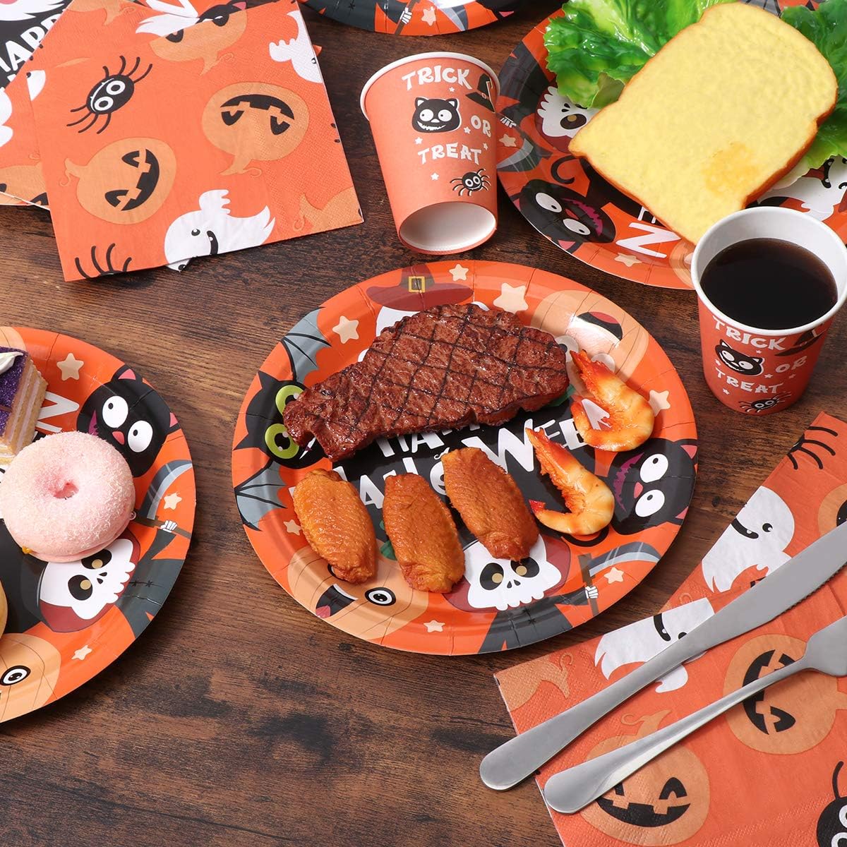 Halloween Disposable Dinnerware Set -Serves 24 - Hemoton Paper Tableware Halloween Party Supplies including 24 Paper Plates, 48 Napkins and 24 Cups: Kitchen & Dining