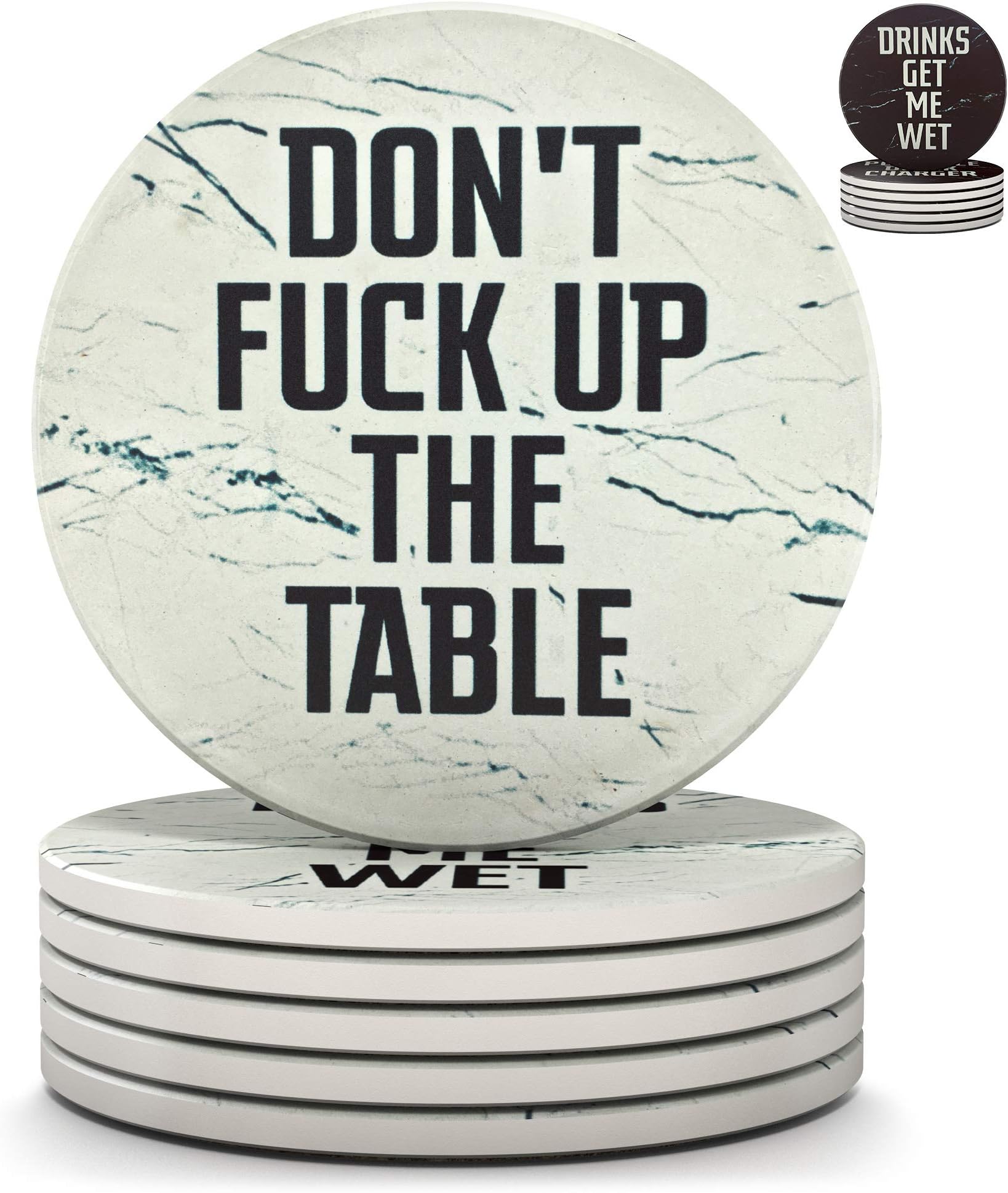 Clever & Funny Coasters for Drinks Absorbent with Holder - 6 Piece Ceramic White Marble Coaster Set - Drink Coasters with Holder - Cup Coasters - Table Coasters - Coasters Funny - Man Cave Decor
