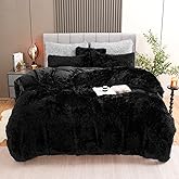 Fluffy Plush Black Duvet Cover Set, Luxury Ultra Soft Velvet Fuzzy Comforter Cover Bed Sets 4Pcs(1 Faux Fur Duvet Cover + 2 Pillow Cases + 1 Pillow Cover) Zipper Closure (Queen, Black)
