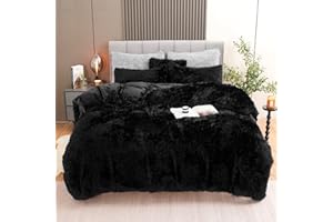 BLEUM CADE Fluffy Plush Black Duvet Cover Set, Luxury Ultra Soft Velvet Fuzzy Comforter Cover Bed Sets 4Pcs(1 Faux Fur Duvet Cover + 2 Pillow Cases + 1 Pillow Cover) Zipper Closure (Queen, Black)