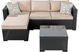 Shintenchi Patio Furniture Sets 3 Pieces Outdoor Sectional Sofa Black All-Weather Rattan Wicker Sofa Small Patio Conversation Couch with Washable Cushion and Glass Table(Khaki)
