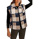 Glamaker Womens Faux Fur Plaid Vest Fall Button Up Fuzzy Casual Sleeveless Outerwear Jacket with Pockets