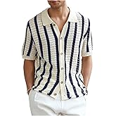 Verdusa Men's Striped Crochet Short Sleeve Sweater Button Down Shirts Hollow Out Collared Knit Tops