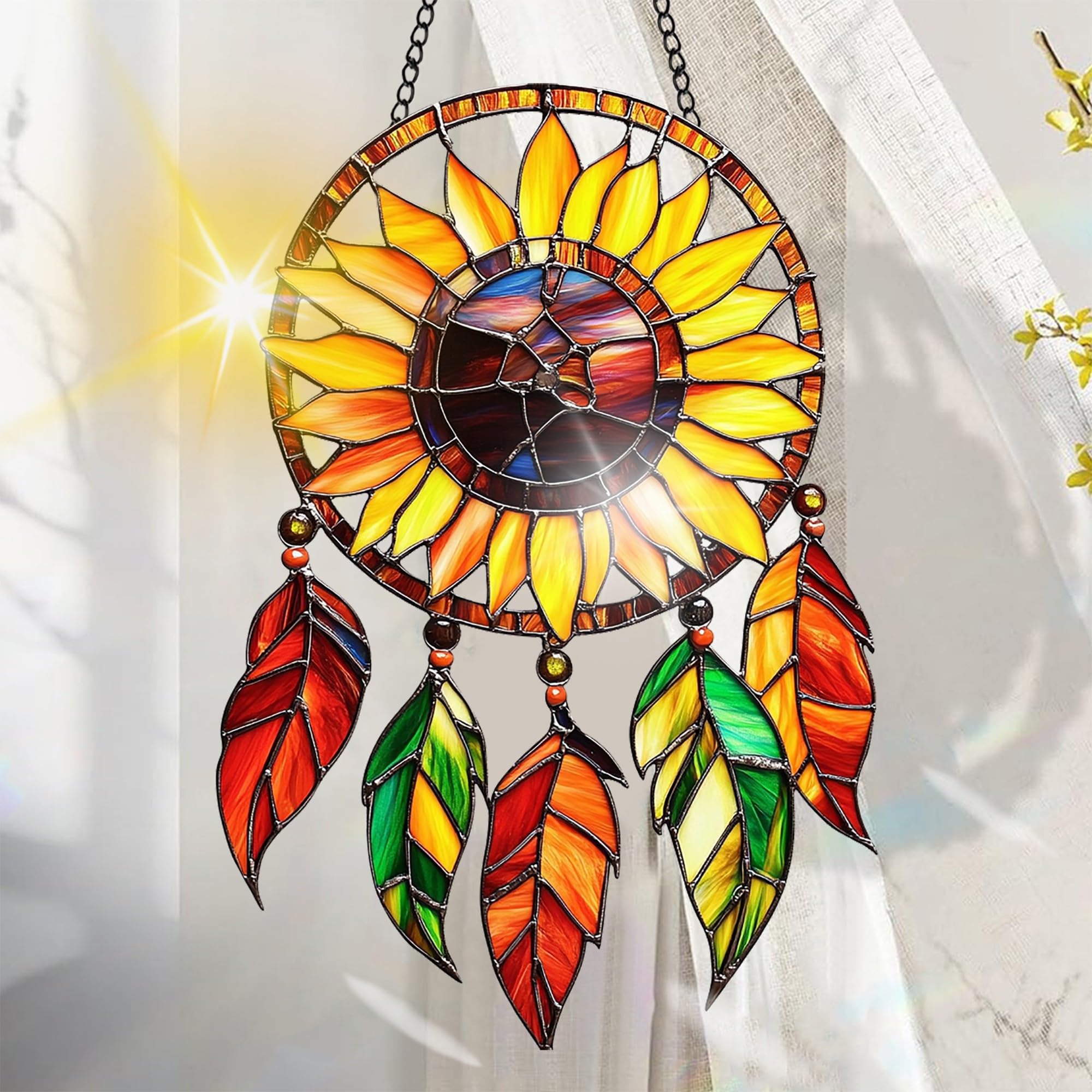 Photo 1 of Colorful Acrylic Suncatcher, Sunflower Hanging Window Decor with Printed Stained Glass Style Design Sun Catcher, Rainbow Maker Wall Art, Gift Idea & Garden Ornament Indoor Outdoor Use 7.8 x 7.8 inch