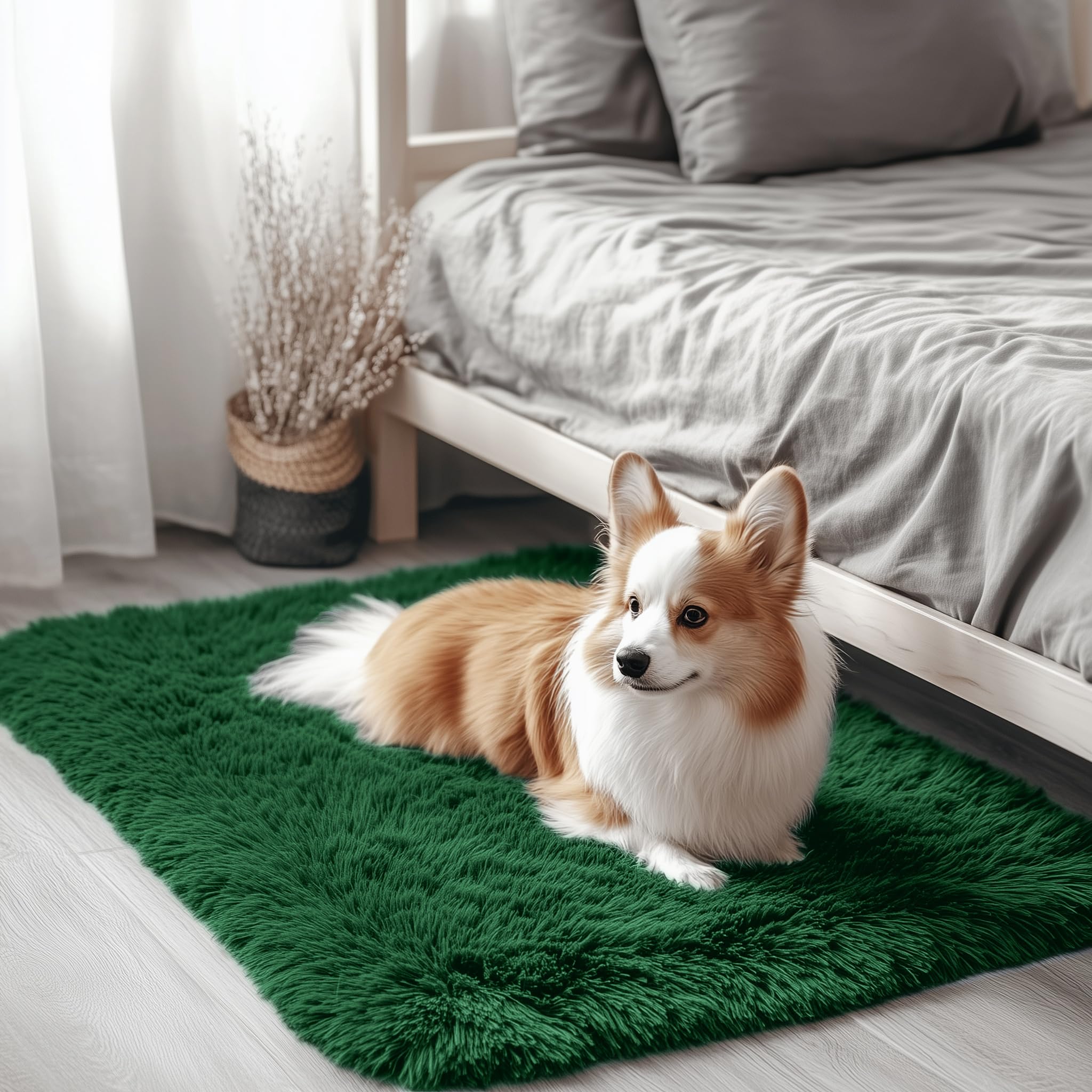 Photo 1 of OLANLY 2x3 Machine Washable Small Bedside Rug, Soft Fluffy Shaggy Entryway Throw Rugs for Bedroom, Living Room, Indoor Floor Carpet for Kids Girls Boy, Nursery Rooms, Home Decor Aesthetic, Dark Green