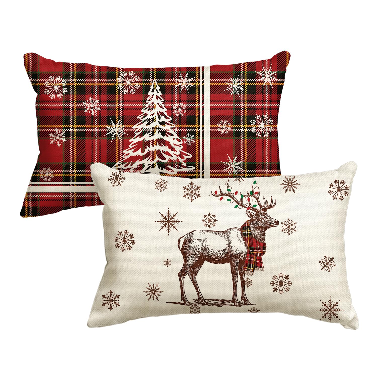 Artoid Mode Buffalo Plaid Tree Deer Snowflake Christmas Cushion Covers Set of 2, 30x50 cm Decorative Pillow Case Cover Sofa Living Room Outdoor Decor