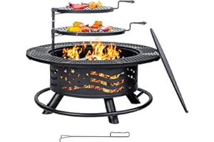 Panovue 36 Inch Fire Pit with 2 Cooking Grates, Outdoor Wood Burning BBQ Grill Firepit Bowl with Cover Lid, Steel Round Table for Backyard Bonfire Patio Picnic (Black, 36IN)