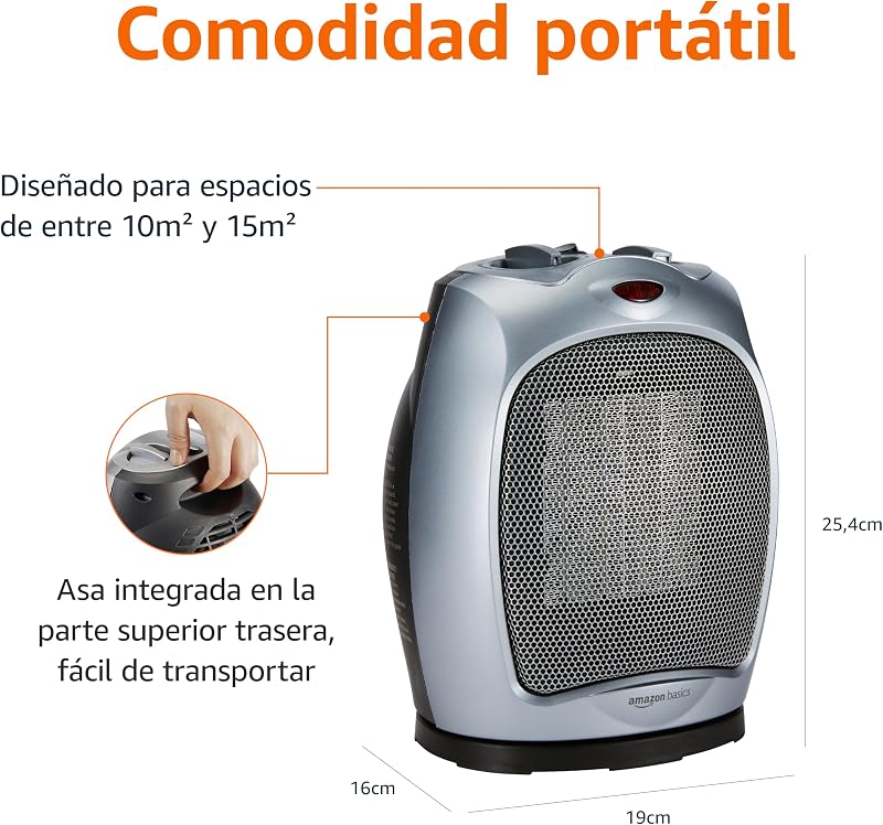 Aquecedor cerâmico oscilante, 1800 W, com termóstato ajustável, prateado