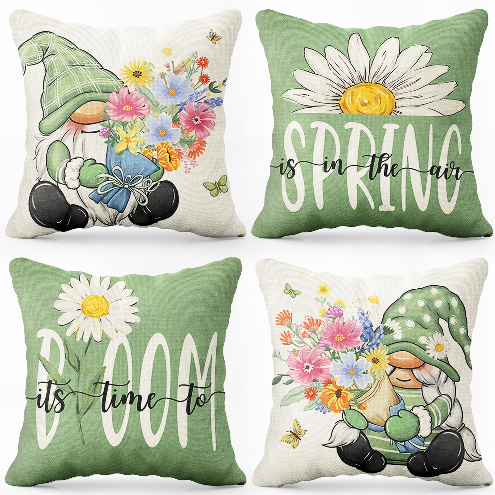 Aursaos Spring Summer Green Throw Pillow Covers 18x18 Set of 4 Daisy Butterfly Floral Gnomes Sunshine Decorative Cushion Cover for Sofa Couch Patio