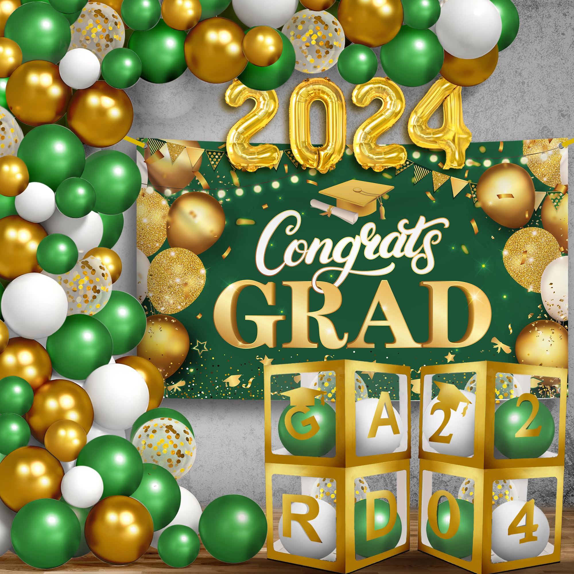 Photo 1 of KatchOn, Green and Gold Graduation Decorations Class of 2024 - Huge, Pack of 76 | Congrats Grad Banner and Graduation Balloon Boxes | 2024 Graduation Balloons for 2024 Graduation Party Decorations