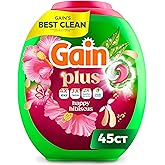Gain Plus Flings Liquid Washing Detergent Pods, Gain's Best Clean, All-In-One, Happy Hibiscus Scent Laundry Pacs, 45 Count (Packaging May Vary)