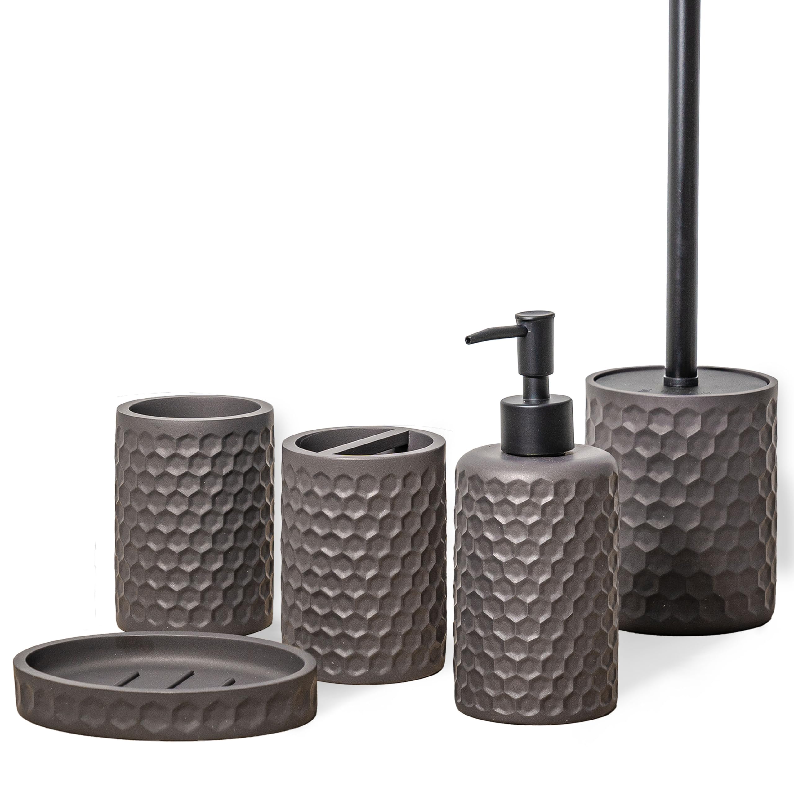 zccz Bathroom Accessories Set 5 Pcs - Soap Dispenser, Toilet Brush Holder, Toothbrush Holder, Bathroom Tumbler, Soap Dish - Vintage Bathroom Accessory Set Decor Countertop Vanity Organizer, Warm Grey