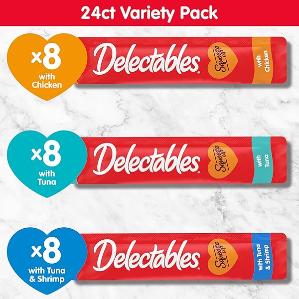 DELECTABLES SQUEEZE UP VARIETY PACK, CREAMY SQUEEZABLE PUREE, LICKABLE WET CAT TREATS, GRAIN FREE, NO ADDED FILLERS, NO BY-PRODUCTS, NO ADDED PRESERVATIVES, 0.5 OUNCES TUBE, 24 TUBES TOTAL