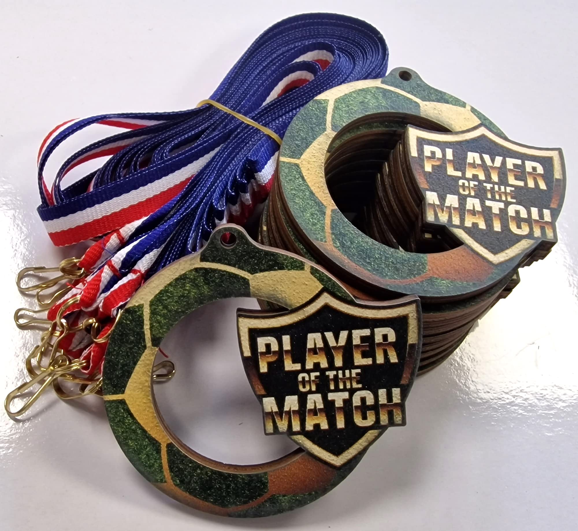 Trophy Monster Pack of 10x Eco Friendly Wooden Football Player of The Match Medals with Ribbons Size 60mm | Made from Sustainable Printed 4mm Thick Birch Plywood
