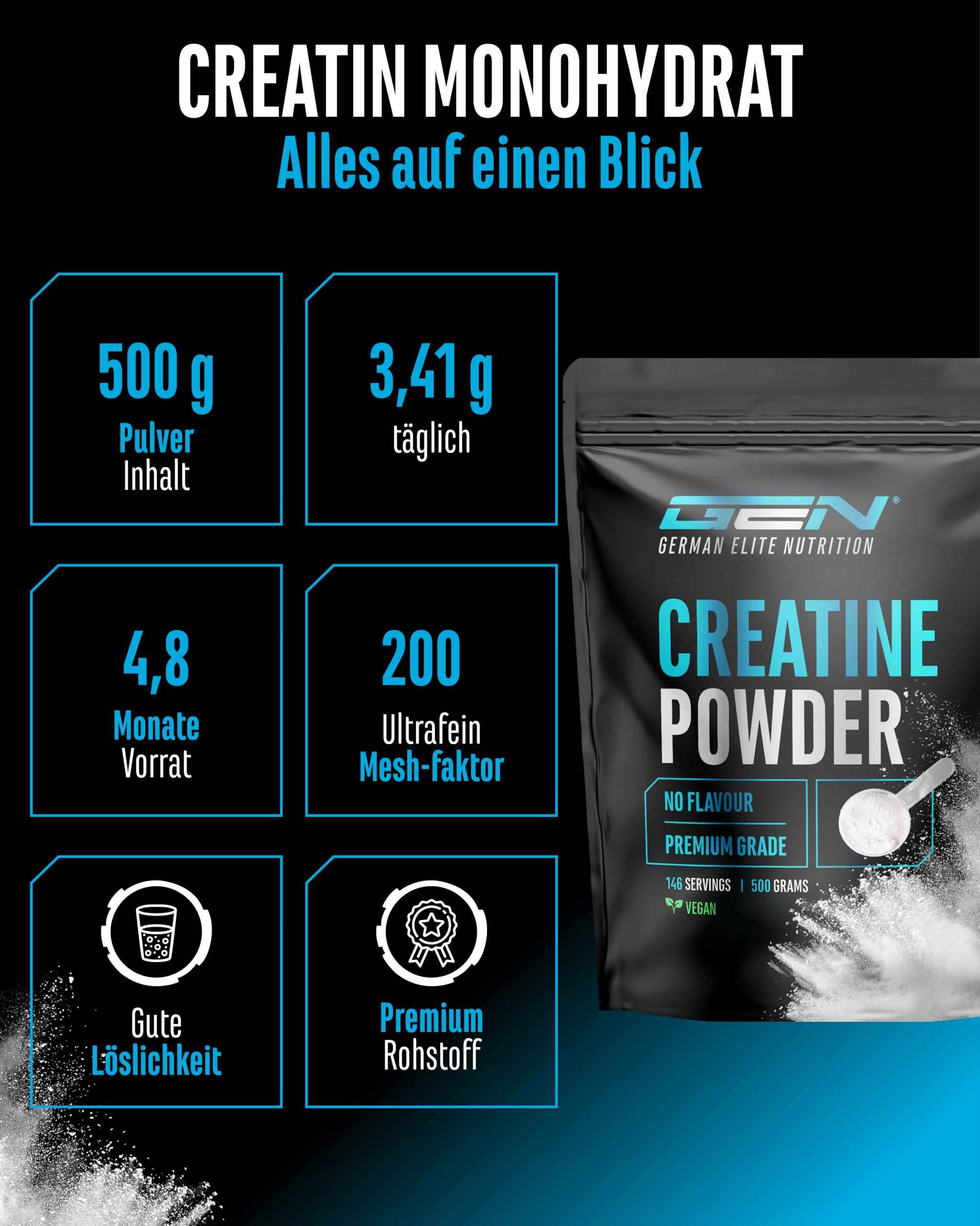 Creatin Monohydrat Pulver 500 g - Mikrofeines Kreatin Monohydrat, sehr gut löslich und hochdosiert - Ohne unnötige Zusätze - Vegan 2