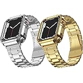 MRYUESG 2 Pack Designed for Apple Watch Band, Wrist-Band for i-Watch Series 9 8 7 6 5 4 3 2 1 SE, Stainless Steel Metal Chain with TPU Cover Case, Smart-Watch Link Bracelet Strap, 45 44 42 41 40 38mm