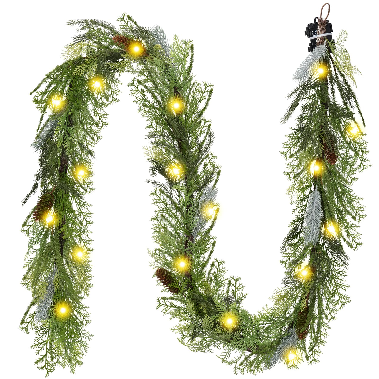 Photo 1 of Decorbyhannah Christmas Garland with Lights, Prelit 9ft Lighted Norfolk Pine Garland, Battery Operated Greenery Christmas Decorations for Mantle and Stairs, Home Decor Indoor Outdoor