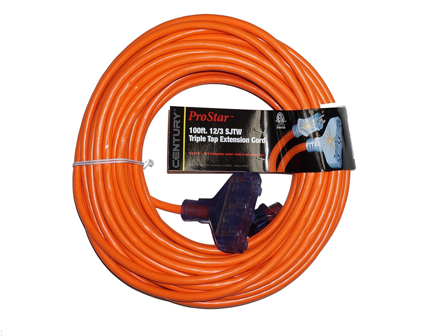 ProStar 100 Foot 12 Gauge SJTW 3 Conductor Triple Tap Extension Cord With Lighted Ends Orange