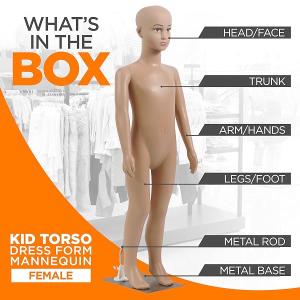 SERENELIFE KID TORSO DRESS FORM MANNEQUIN – DETACHABLE & ADJUSTABLE MANNEQUIN FULL BODY STAND (FEMALE), LIGHTWEIGHT & PORTABLE, SHOWS VIVID FACIAL EXPRESSIONS, FITS ALL KINDS OF CLOTHES – SLMAQKDSK