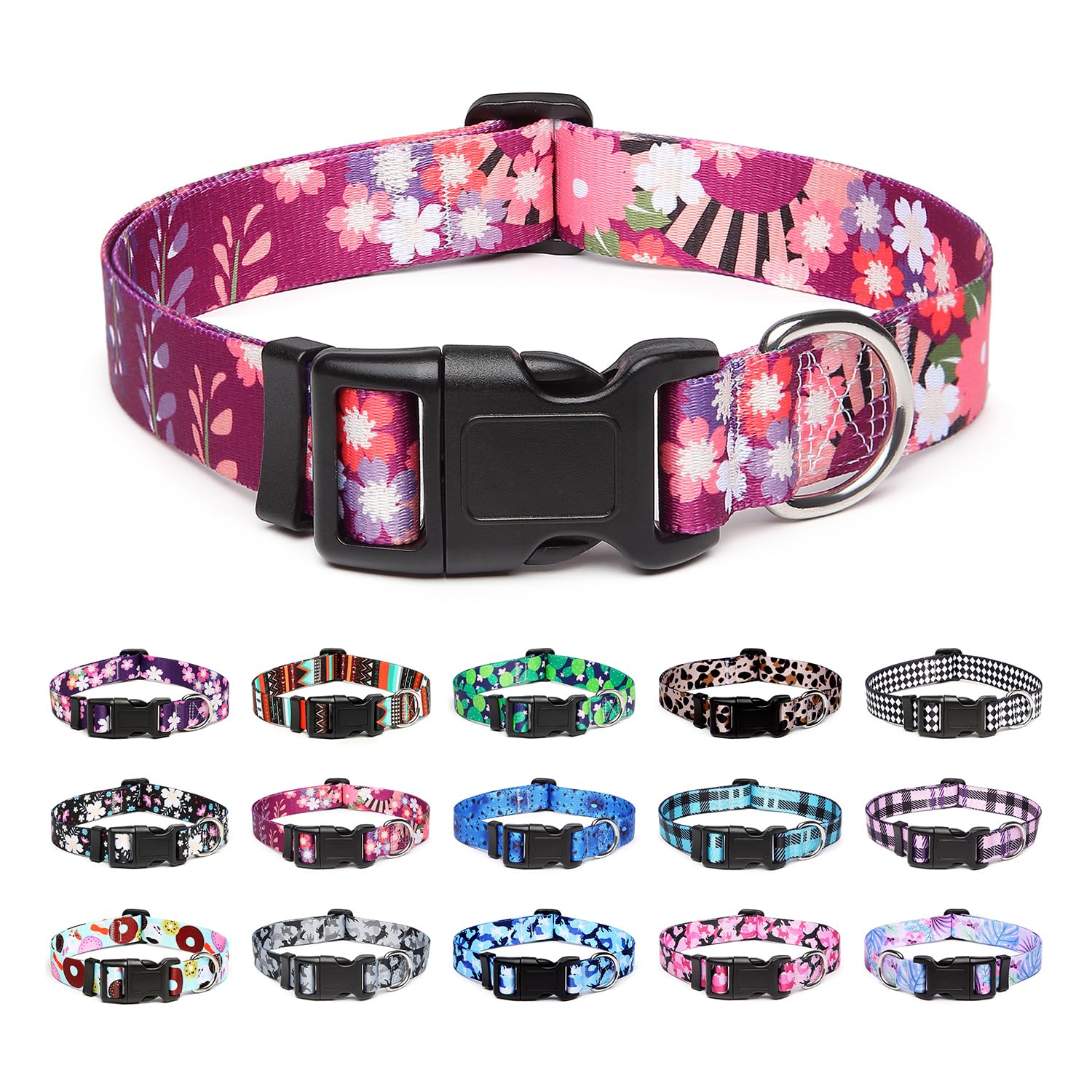 Mercano Adjustable Dog Collar - Special Design Patterns, Soft Nylon Comfortable Durable Pet Collar for Small Medium Large Dogs (L, Colorful Flower)
