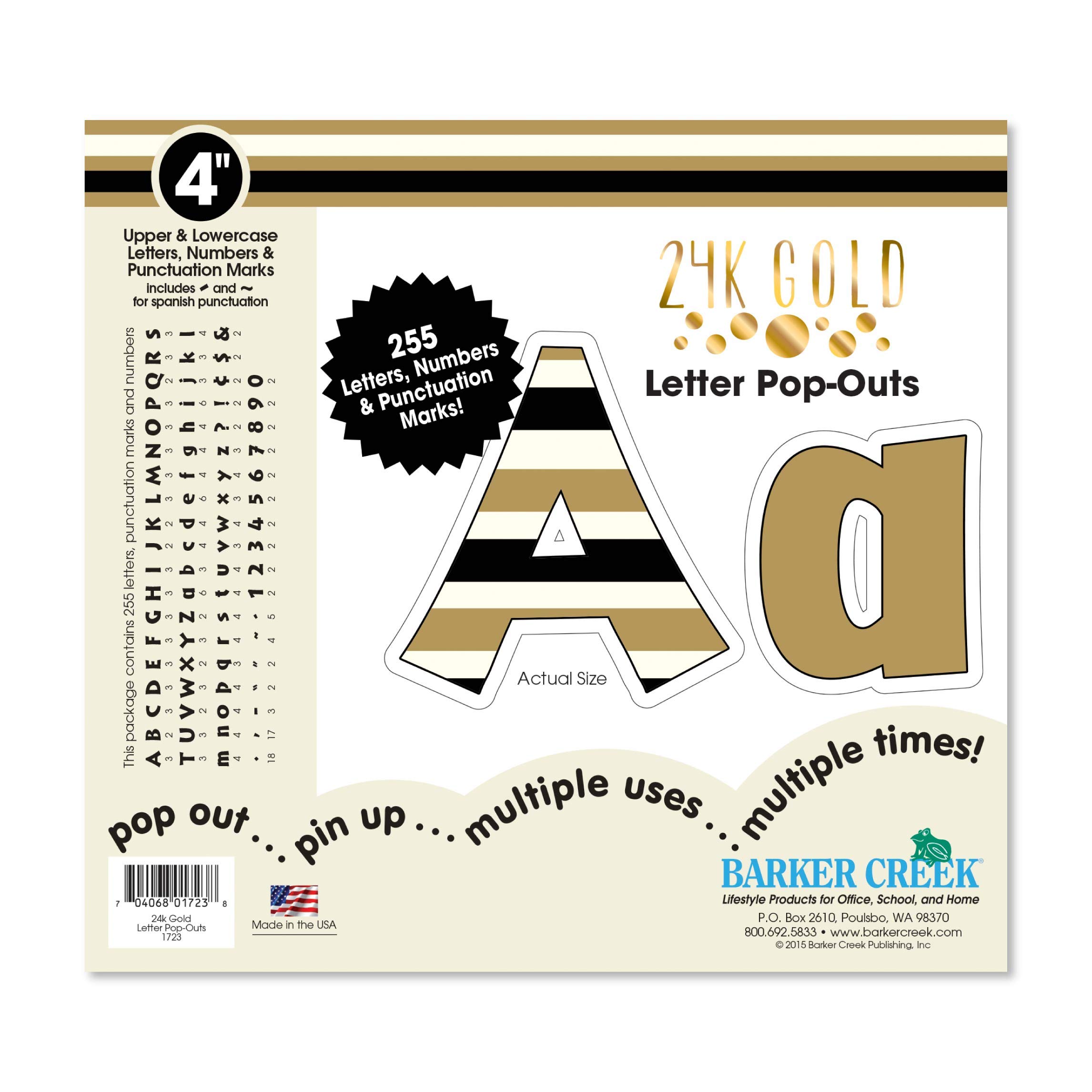 Barker Creek Letter Pop-Outs, 4" Gold, Multicolor Designer Letters for Bulletin Boards, Breakrooms, Reception Areas, Signs, Displays, and More! 4", 255 Characters per Set (1723)