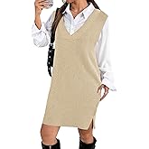 Zeagoo Women's V Neck Sweater Vest Dress Oversized Sleeveless Casual Pullover Sweater Fall Winter Knit Slit Short Dress