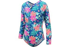 Moon Tree Girls One Piece Swimsuits Long Sleeve Rash Guard Zipper Front Bathing Suit UPF 50+