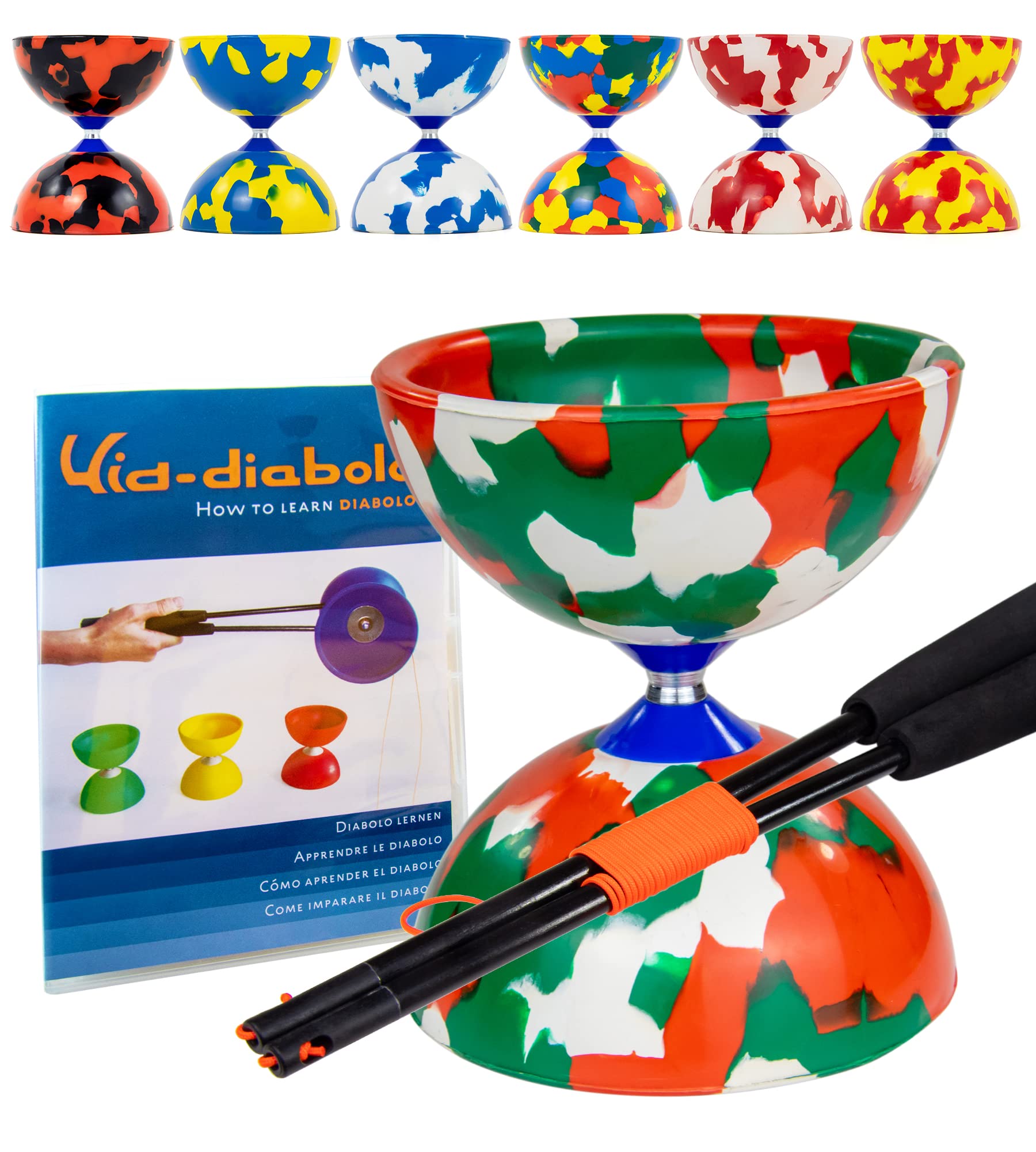 Juggle Dream Jester Diabolo Set - Fixed Axle Professional Diabolo with Super Glass Handsticks, Online Learning Video - Juggling Toy (Green/White/Red)