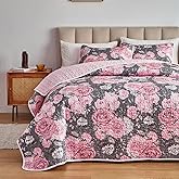 3 Pieces Quilt Set Grey with Pink Floral Quilt Bedding Set Queen Size Soft Microfiber Lightweight Reversible Coverlet Bedspread for All Season Grey Flower Quilt Set (1 Quilt+ 2 Shams)