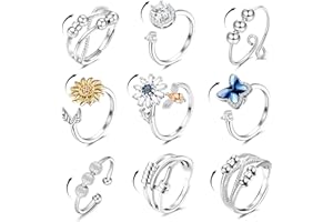 sailimue Anxiety Ring Fidget Ring for Women Men Spinner Fidget Rings for Anti Anxiety Adjustable Open CZ Flower Bead Stress Relieving Spinning Rotatable Rings 9 Pcs
