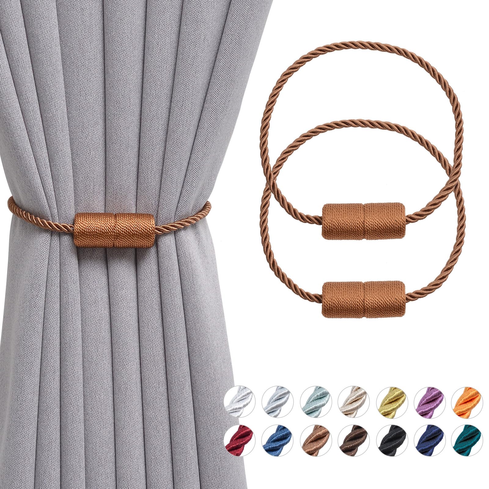 Pretty Jolly 2 Pack Magnetic Curtain Tiebacks 16 Inch Handmade Weave Side Rope Curtain Holdbacks Convenient Decorative Cylinder Curtain Drape Tie Backs for Home & Office Window Drapery (Light Coffee)