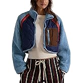TIQOJE Womens Fuzzy Fleece Jacket Cropped Zip Up Long Sleeve Casual Outwear Warm Winter Patchwork Jackets