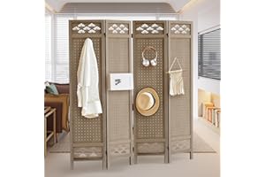 Aleesing Room Dividers and Folding Privacy Screens, 4 Panel Pegboard Display with 16 Hooks, Wood Room Divider Wall Portable Display Board Organizer for Craft Show Jewelry, Home, Jewelry Store, Brown